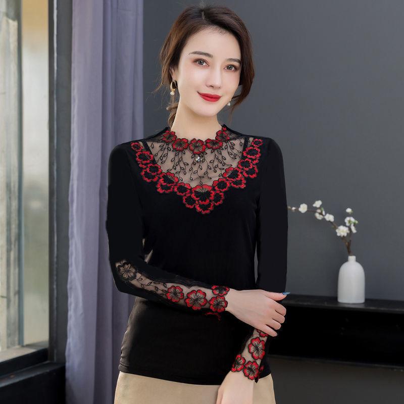 Spring and Autumn Lace Round Neck Bottoming Shirt Women's Long Sleeve Low Neck Top