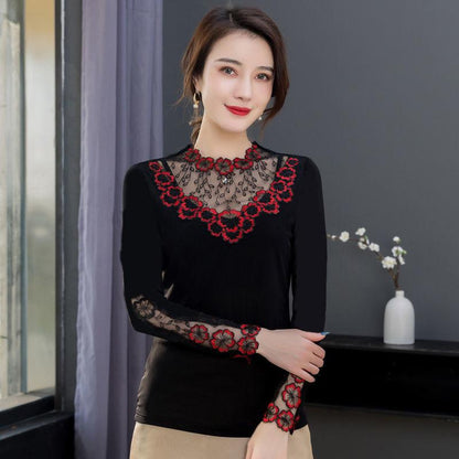 Spring and Autumn Lace Round Neck Bottoming Shirt Women's Long Sleeve Low Neck Top