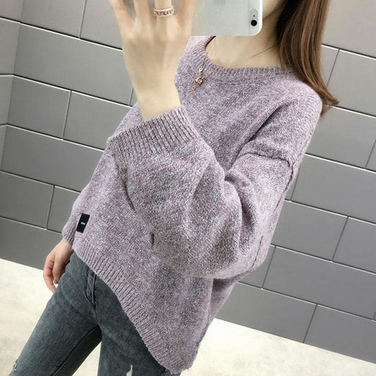 Autumn and Winter Loose Casual Sweater Round Neck Solid Color Simple Top Long Sleeve Women's Sweater