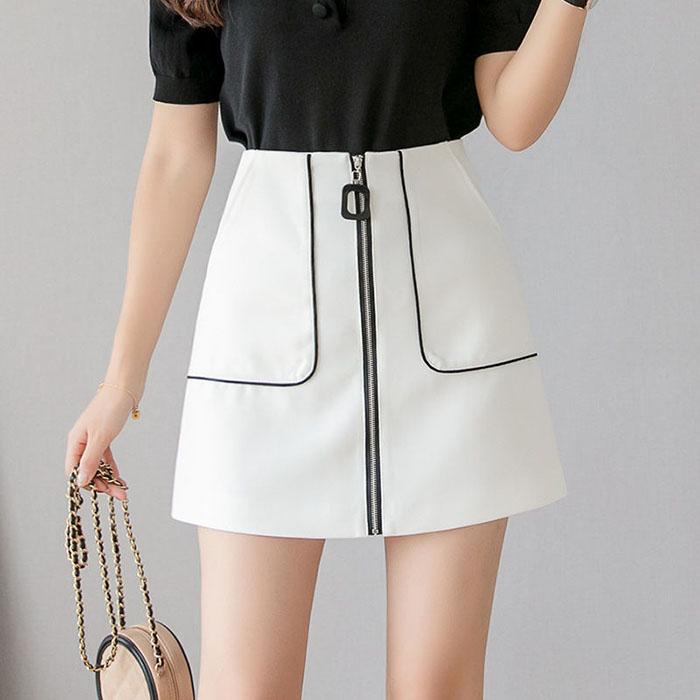 Pofulove Women High Waist Slim Chiffon Skirt with Pocket Anti-light Bag Hip Skirt Mini A-line Skirt