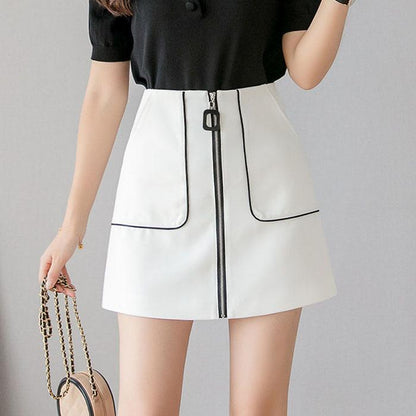 Pofulove Women High Waist Slim Chiffon Skirt with Pocket Anti-light Bag Hip Skirt Mini A-line Skirt