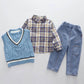 Boys Spring and Autumn Suit Handsome Baby Spring Sweater Vest Three-piece Children's Plaid Shirt Long-sleeved Comfortable Suit