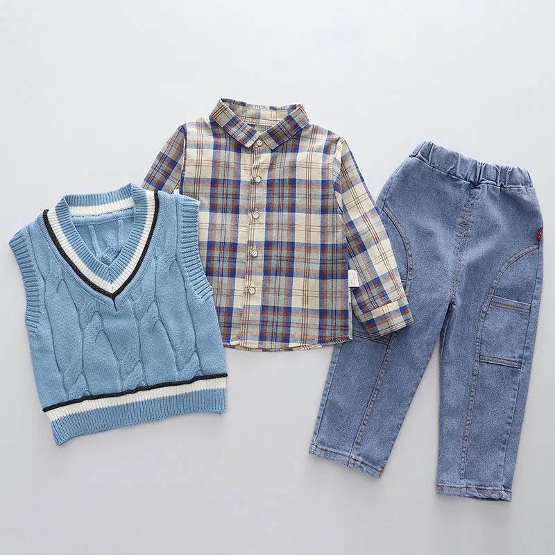 Boys Spring and Autumn Suit Handsome Baby Spring Sweater Vest Three-piece Children's Plaid Shirt Long-sleeved Comfortable Suit