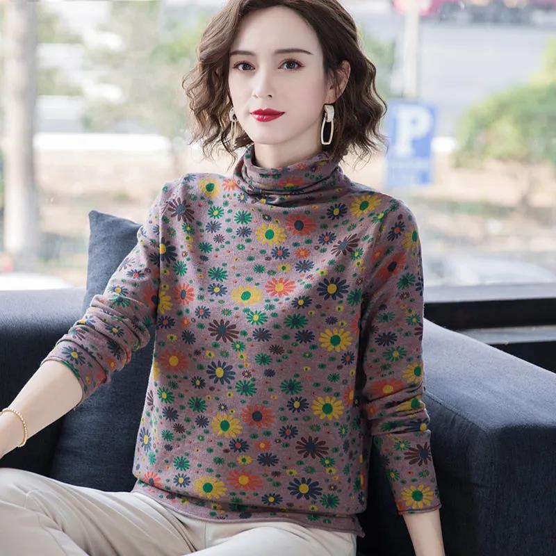 Floral T-shirt Women's Long-sleeved Spring and Autumn Inner Top Solid Color Loose Half Turtleneck Bottoming Shirt Women