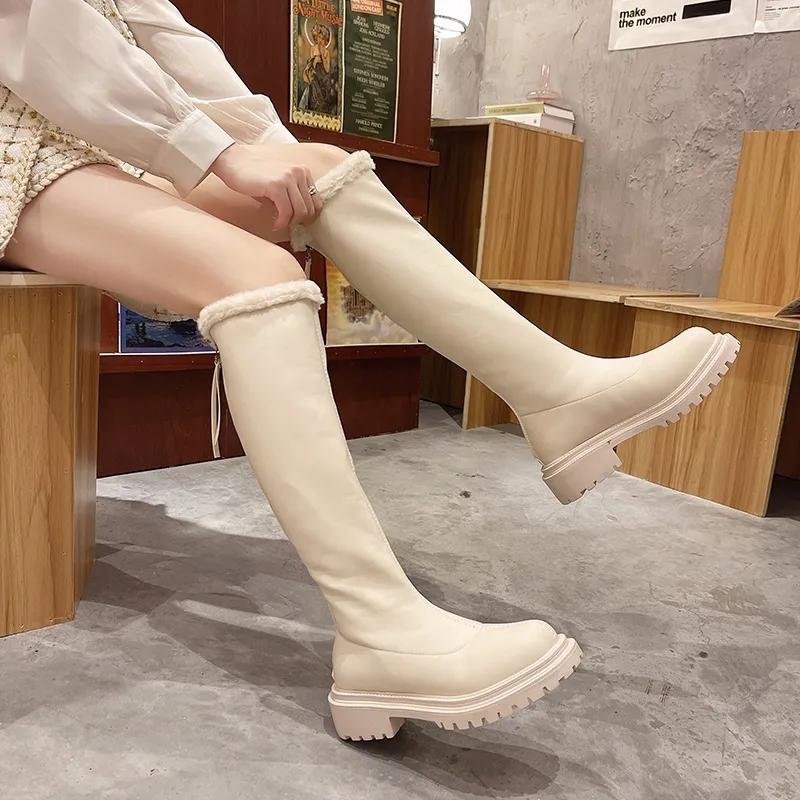 Women Thigh High Boots Winter Shoes Knee High Fur Boots Black White Flat Shoes Leather Boots Thick Plush Warm Knee High Long Boots