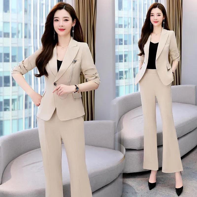 2PCS Women's Suits Spring Slim Fit and Age-reducing Business Suits Suit Collar Jacket + Flared Trousers Two-piece Set Wide Leg Pants Suit