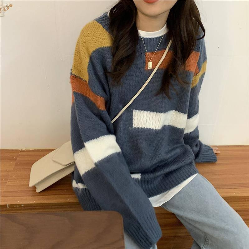 Pofulove Winter Korean Lazy Color-matching Sweater Female Loose Wild Mid-length Pullover Sweater