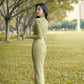 Autumn and Winter Fashion Padded V-neck Ladies Dress Mid-length Over-the-knee Bag Hip Skirt Bottoming Knit Sweater Skirt
