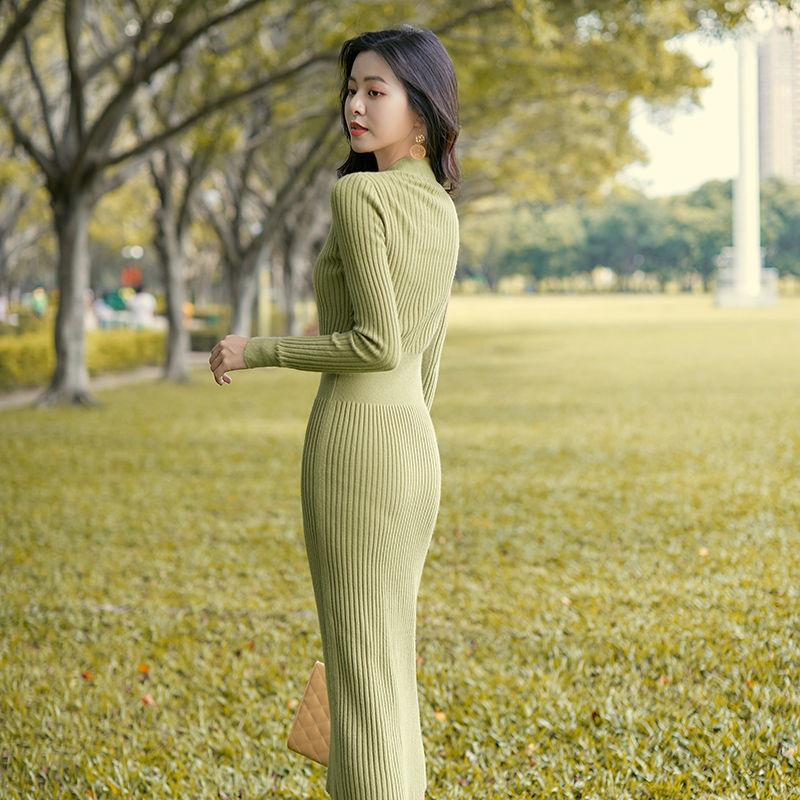 Autumn and Winter Fashion Padded V-neck Ladies Dress Mid-length Over-the-knee Bag Hip Skirt Bottoming Knit Sweater Skirt