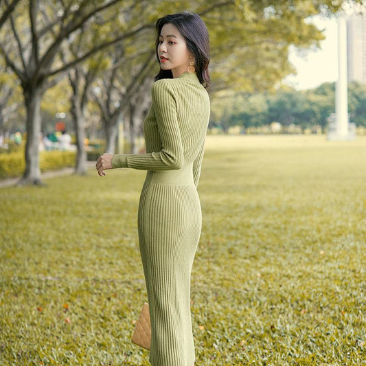 Autumn and Winter Fashion Padded V-neck Ladies Dress Mid-length Over-the-knee Bag Hip Skirt Bottoming Knit Sweater Skirt