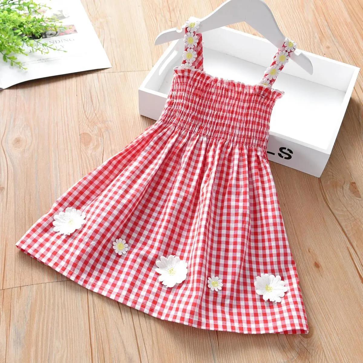 Children Dress Girls' Summer Thin Dress Suspender Dress Plaid Off Shoulder Chrysanthemum Princess Dress Ruffle