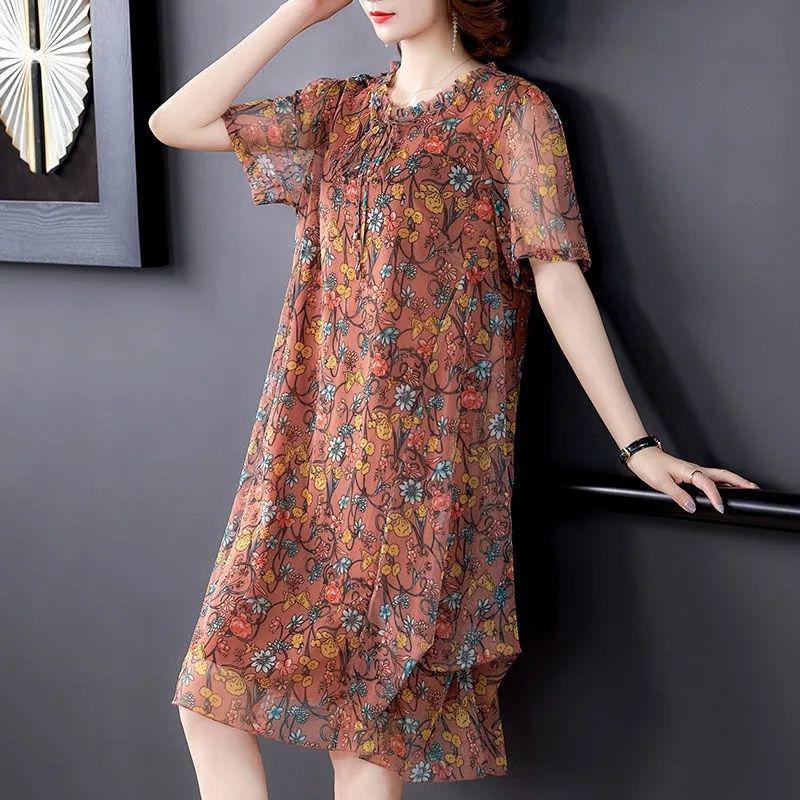 Chiffon Floral  Dress L-XXXXXL Women's Summer Veil Short Sleeve Round Neck Lightweight and Breathable