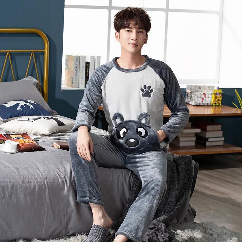 Cartoon Bear Couple Pajamas Suit Men Home Clothes Tops and Pants Ladies Winter Cashmere Warm Homewear