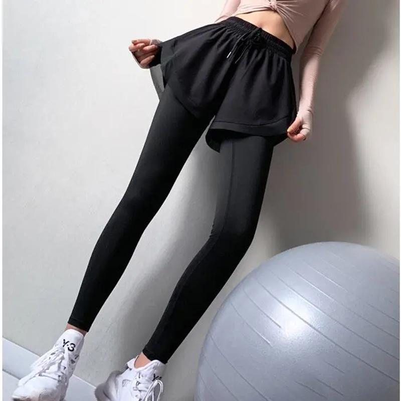 Women's High Waist Elastic Fake Two-piece Fitness Pants Tight Running Hakama Yoga Clothes Quick-drying Sports Slim Trousers Gym Running Pants