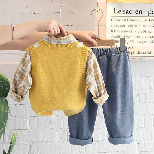 Baby Casual Autumn Clothes Sweater Vest Three-piece Set Printing Contrast Color Design Korean Version Spring and Autumn Children's Suit