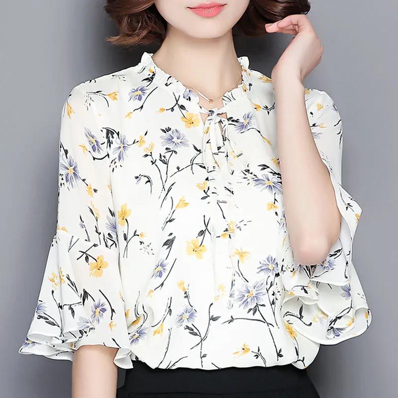 Women's Spring and Autumn Chiffon Short Sleeve Top Tie Bow Print T-Shirt