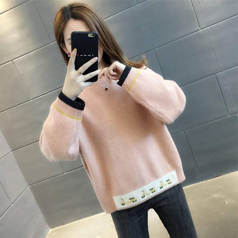 Autumn and Winter Womens Round Neck Color Matching Comfortable Loose Without Velvet Sweater Pull