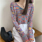 Autumn Rainbow Strip Sweet Sexy V-neck Short Cropped Long-sleeved Sweater Top Women