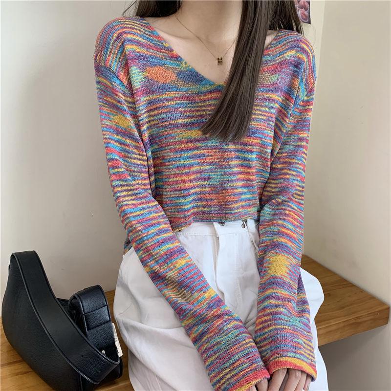Autumn Rainbow Strip Sweet Sexy V-neck Short Cropped Long-sleeved Sweater Top Women