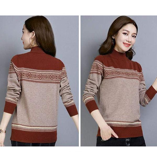 Vintage Printed Sweater Women High Neck Sweater National Style Clothes Knitted Bottoming Shirt Loose Short Sweater Top