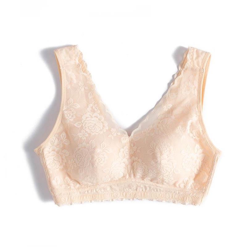 No Wire Plus Size Bra Comfortable Seamless Underwear Gathering Full Cup Shape Adjustable Breathable Tank Top Embroidered Lace Trim Sleeping Bra