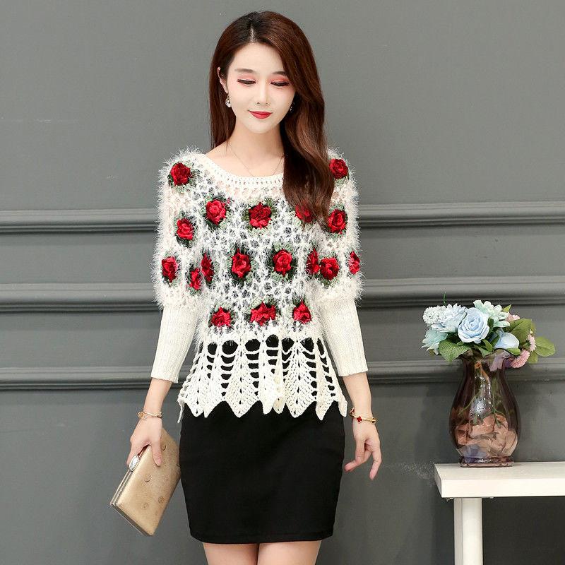 Fall/winter Women Crocheted Knit Jumper Short Pullover Batwing Sweater  Round Neck Mohair Sweater Outwear