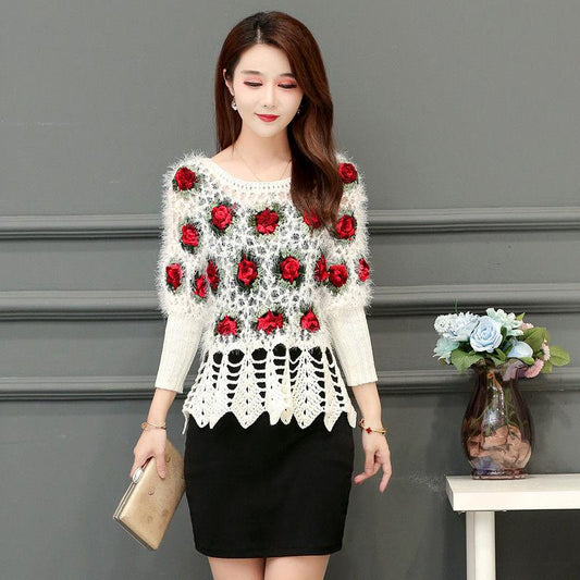 Fall/winter Women Crocheted Knit Jumper Short Pullover Batwing Sweater  Round Neck Mohair Sweater Outwear