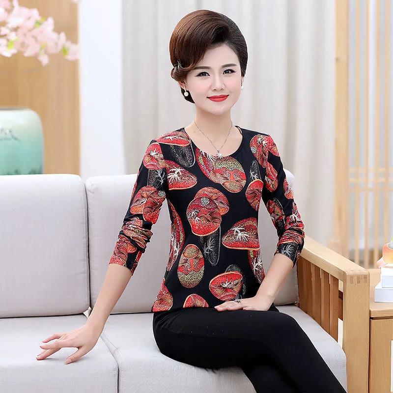 Spring and Autumn Mother Round Neck Long-sleeved T-shirt Women's Floral Loose Top Bottoming Shirt Women