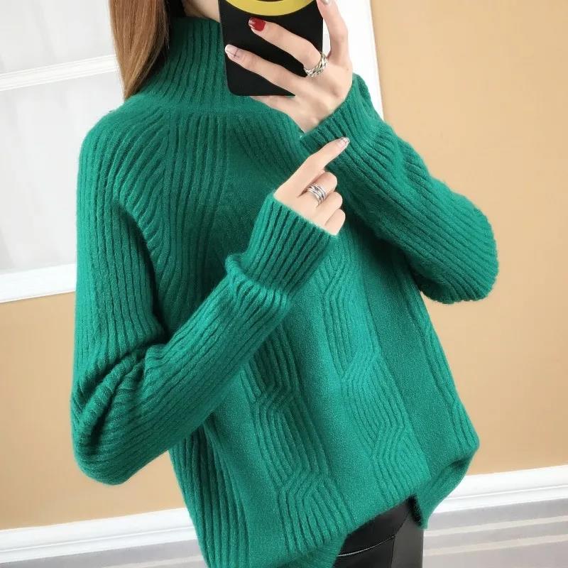 Half Turtleneck Pullover Sweater Korean Version Loose Thickened Solid Color Twist Knitted Bottoming Shirt for Women