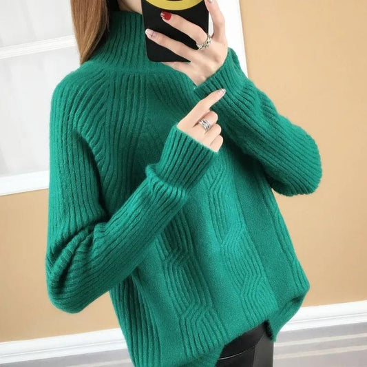 Half Turtleneck Pullover Sweater Korean Version Loose Thickened Solid Color Twist Knitted Bottoming Shirt for Women