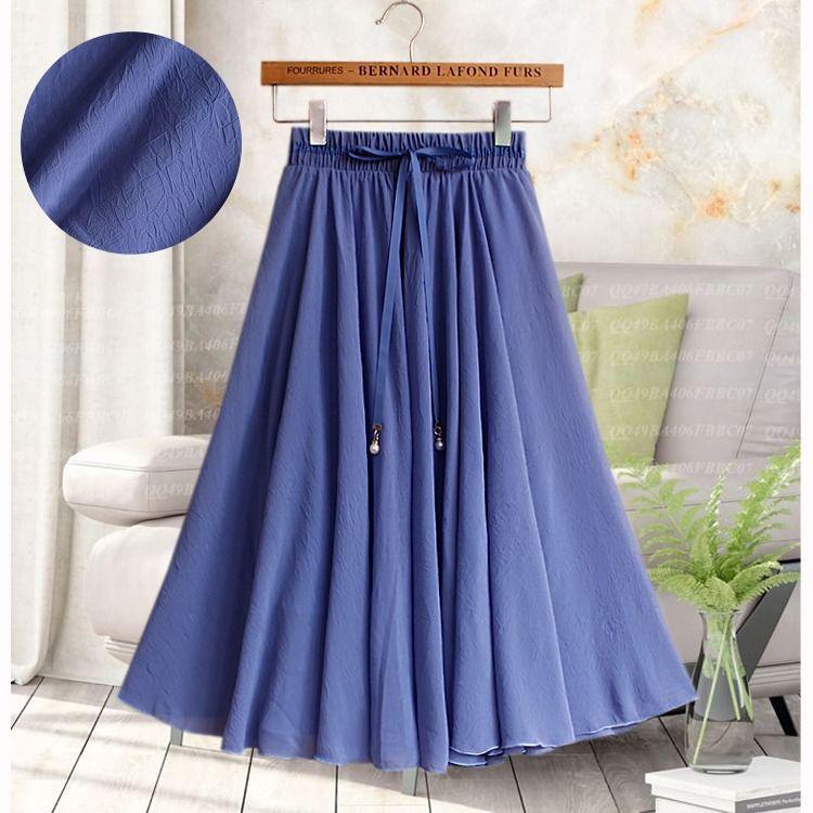 Summer Women High Waist Pleated Chiffon Skirt Plus Size Lady Black Pink Blue Long Maxi Skirt