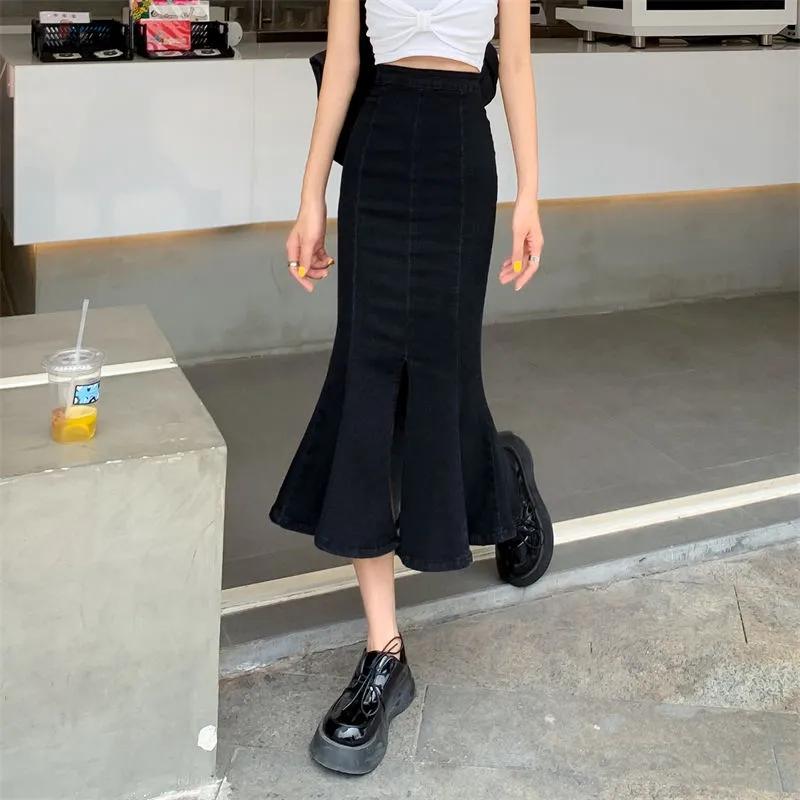 Fishtail Jeans Skirt Women's Summer Niche Slit A-line Skirt Ruffled Denim Midi Skirt High Waist Sexy Tight Denim Jeans Skirt