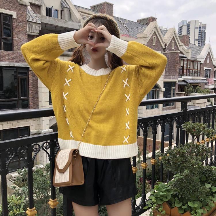 Loose Front Short Back Long Split Knitted Round Neck Jumper Short Wild Sweater Women