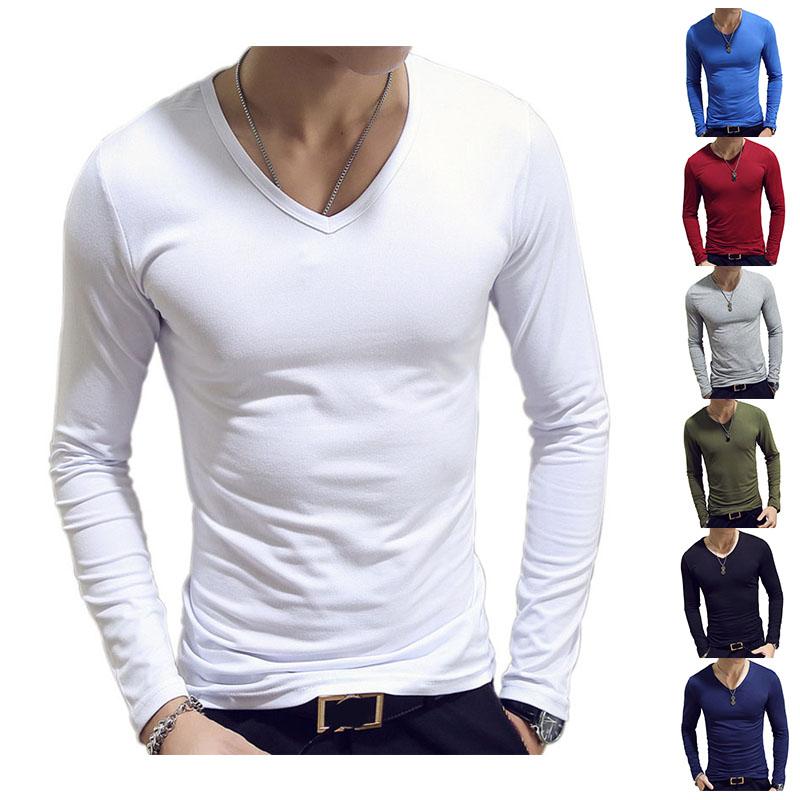 Men Slim Shirts Stretch Tees Slim Pullovers Casual Bottoming T-shirt Long Sleeves Overshirt Solid Color Top V-collar Clothing
