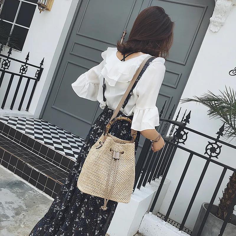 Handbag Women's Straw Woven Bucket Bag Summer Travel Beach Shoulder Messenger Bag