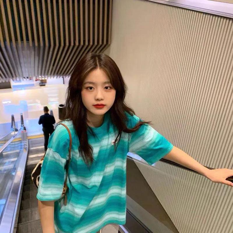 Women's Summer Loose Round Neck Striped Short Sleeve T-shirt