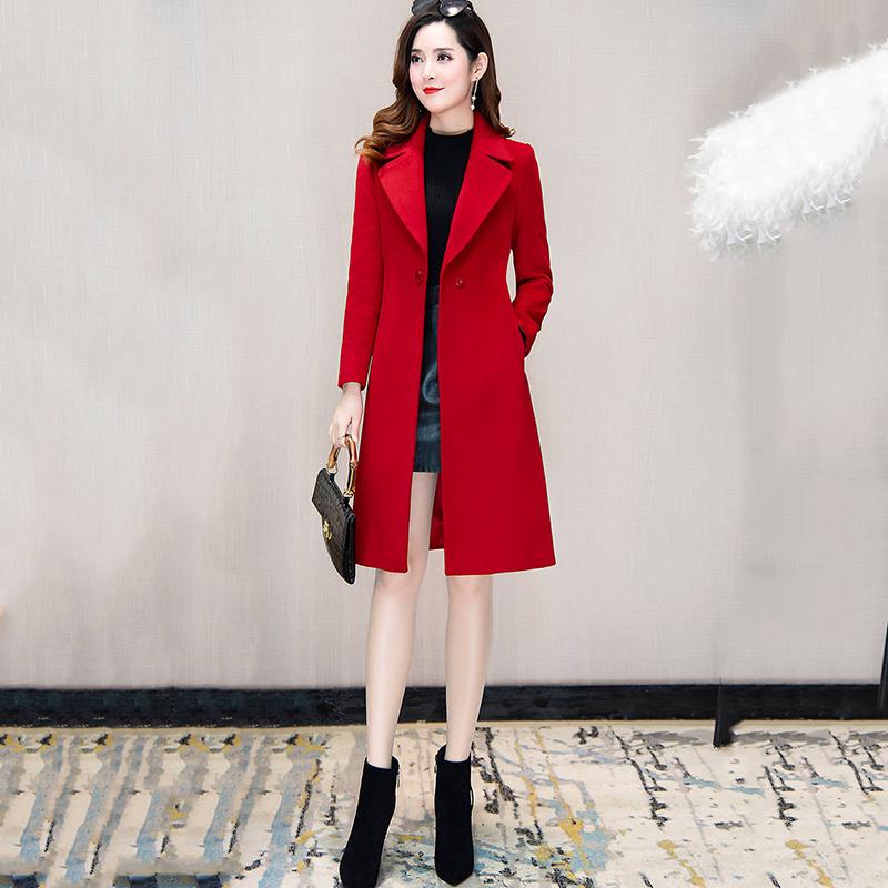 Female Overcoat  Autumn Winter Solied Long Sleeve Long Christmas Clothes Blends Woolen Jacket