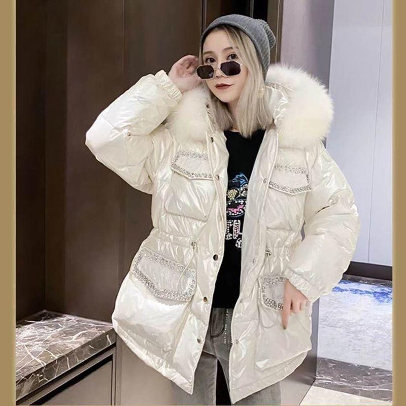 Glossy Laser Down Padded Jacket Women Winter Slim Coat with Large Fur Collar Waist