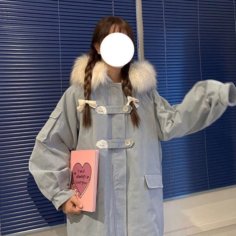 College Style Embroidered Cute Gray-blue Mid-length Cotton-padded Jacket Female Student