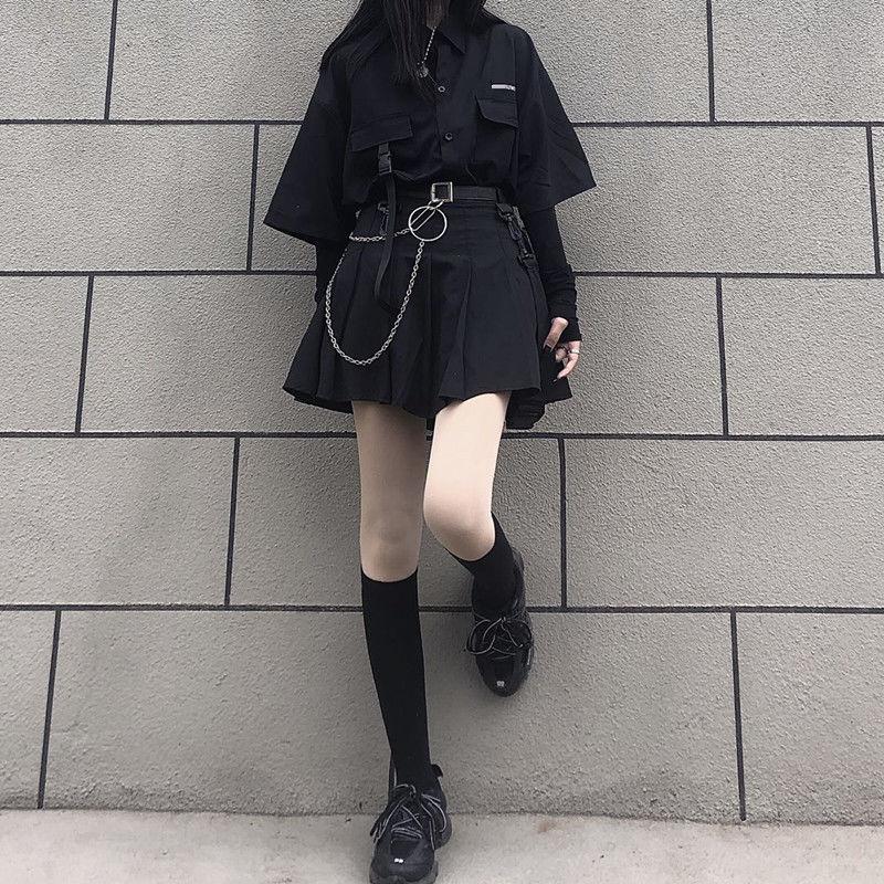 Hip-hop Style Women Sexy Black Cool Girls Shirt Skirt Spring and Summer Two-piece Skirt Suit