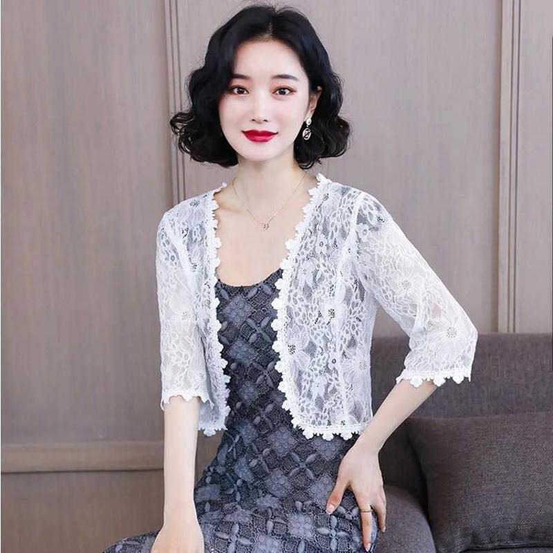 Summer Short Coat Hollow Out Lace Cardigan Women Solid Color Thin Shawl  Sun Protection
