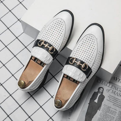 Slip on Formal Dress Shoes for Man Leather Men Shoes Summer Hollow Breathable Oxfords Man Casual Shoes