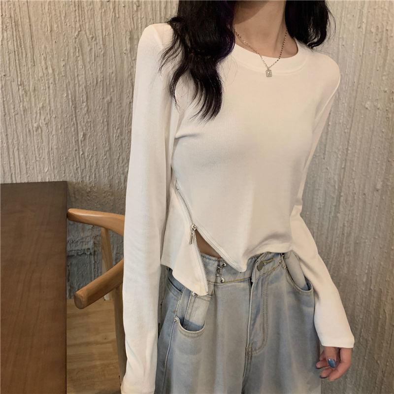 Fall Women's zipper Round O-neck Autumn Long Sleeve Casual slim T-shirt Blouse Pure color Leisure Pullover