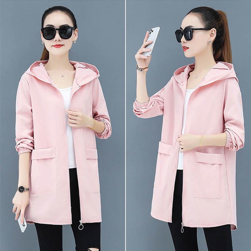 Spring and Autumn Windbreaker Hooded Jacket Loose Casual Mid-length Temperament All-match Jacket Women