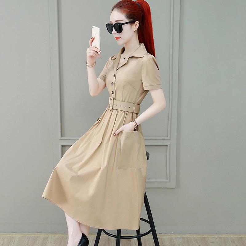 Dress Femininity Waist Fairy Skirt Short-sleeved Mid-length Skirt Casual Skirt Stand-up Collar Short-sleeved Mid-length Skirt