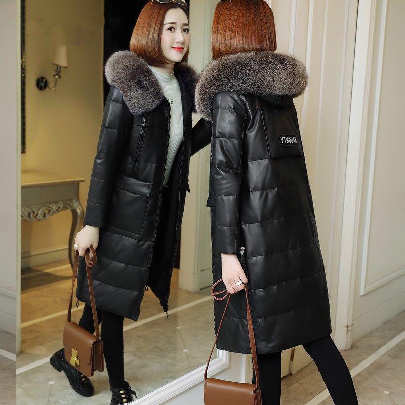 Women's Solid Color Embroidered Down Jacket Mid-length Korean Style Loose Thick Coat Warm Cotton Coat Large Fur Collar Winter Quilted Jacket