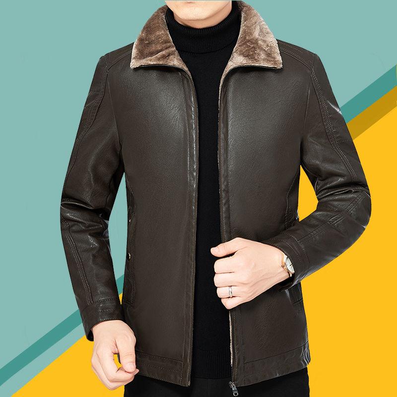 Slim Men's Leather Jacket Autumn Winter Fashion Trend Plus Velvet Thick Lamb Wool Jacket