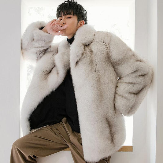Faux Fox Fur Mid-length Men's Jacket Fashion Trend Plus Cotton Thick Fur Coat Trend