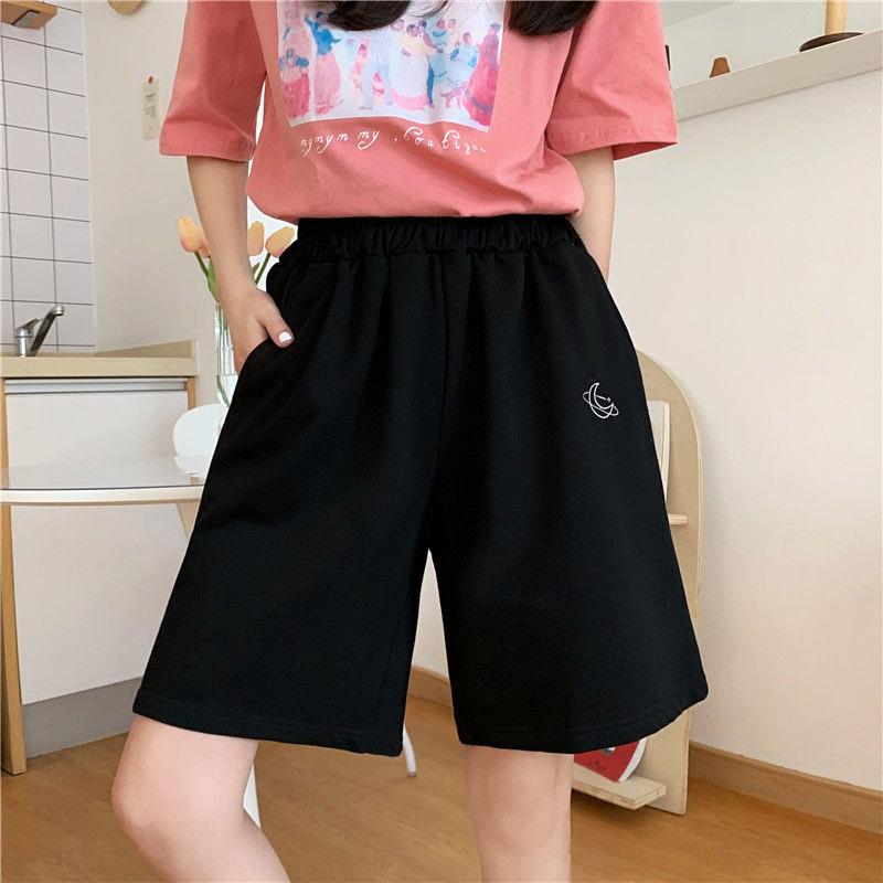 Moon Embroidered Shorts Women's Summer Loose and Thin High Waist Straight Wide Leg Shorts Korean Version Student Five Points Sports Casual Pants