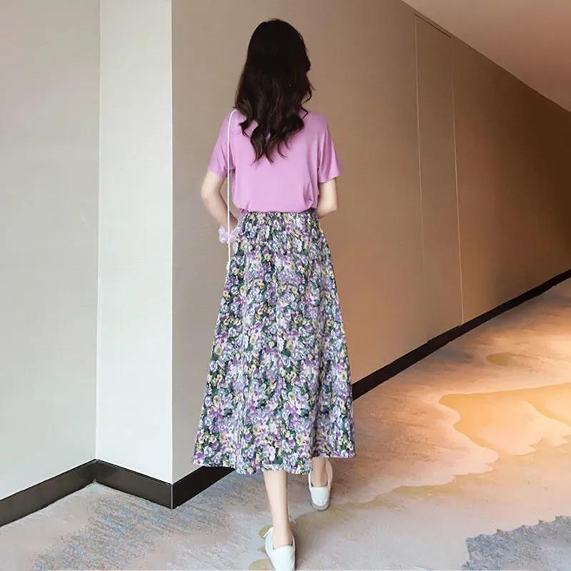 Floral Skirt Women Chiffon High Waist Long Skirt A-line Skirt Mid-length Floral Skirt Elastic Waistline Ladies Skirt Fabric Light and Breathable